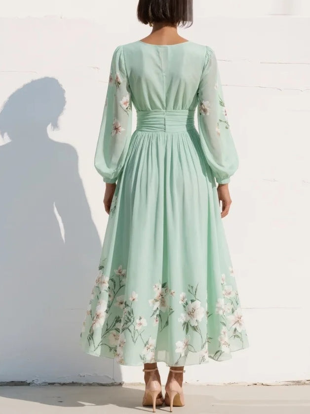 Elfriede | Πράσινο Midi Chiffon φόρεμα με λουλούδια